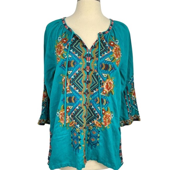 Johnny Was Tops - Johnny Was Sentrie Linen Blouse M Lanai Azure Blue Embroidered 3/4 Sleeve